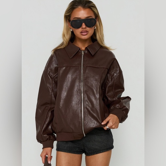Princess Polly Jackets & Blazers - Princess Polly Goldsmith Faux Leather Bomber Jacket in
Brown